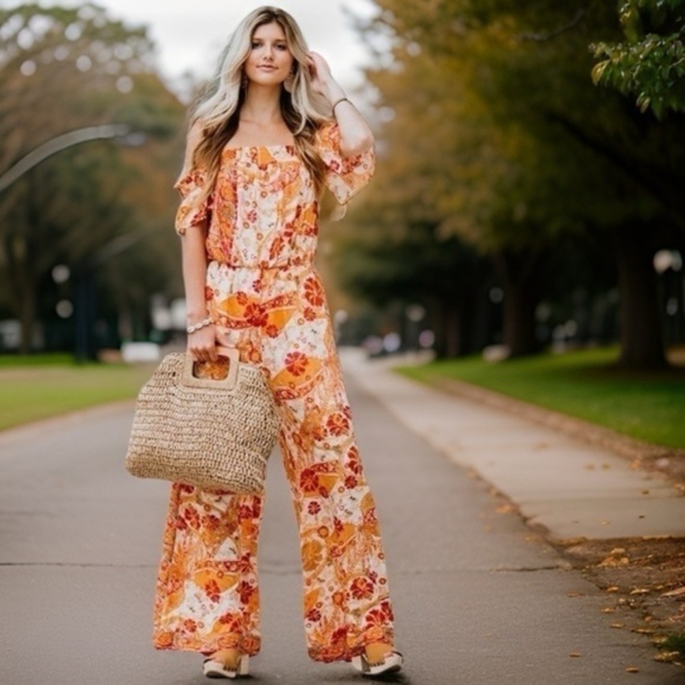 Free People Carmen Jumpsuit Boho Wide Leg Smocked Neckline